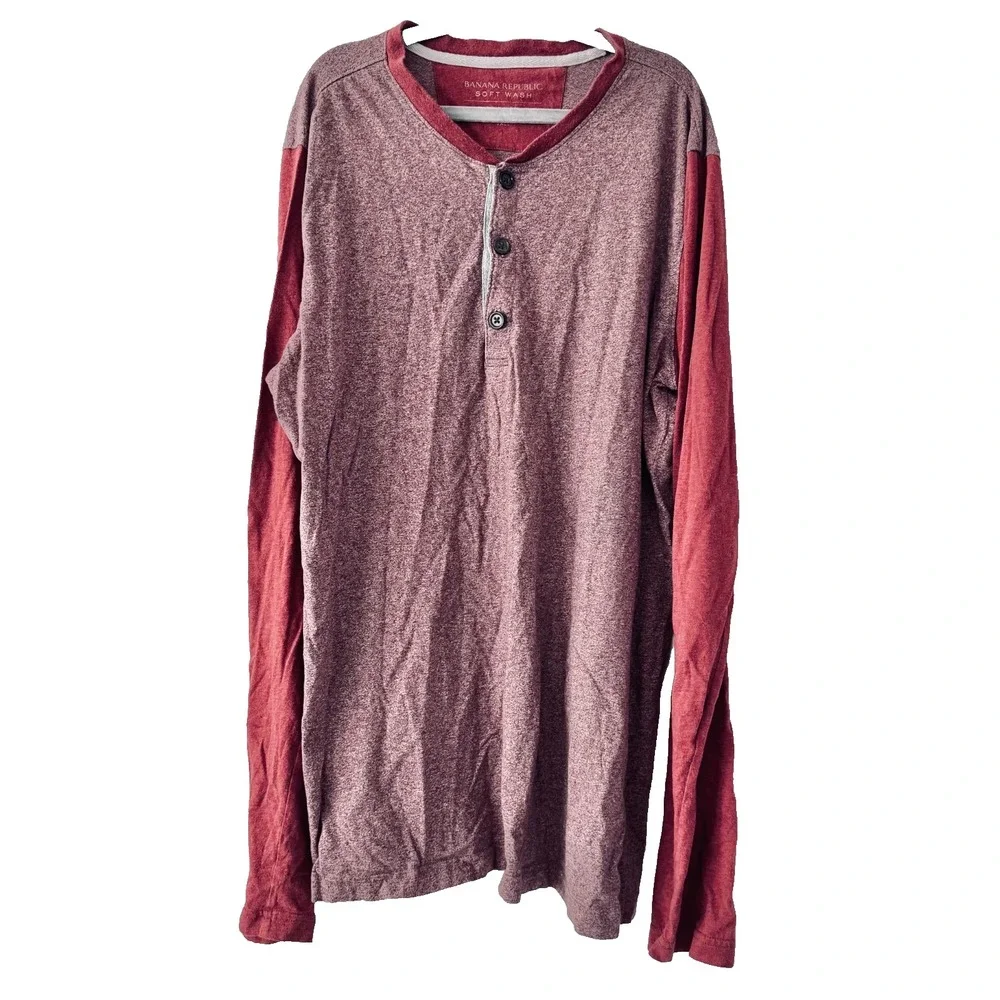 Banana Republic Sz L Tall Henley Men's Burgundy Heather Long Sleeve 100% Cotton